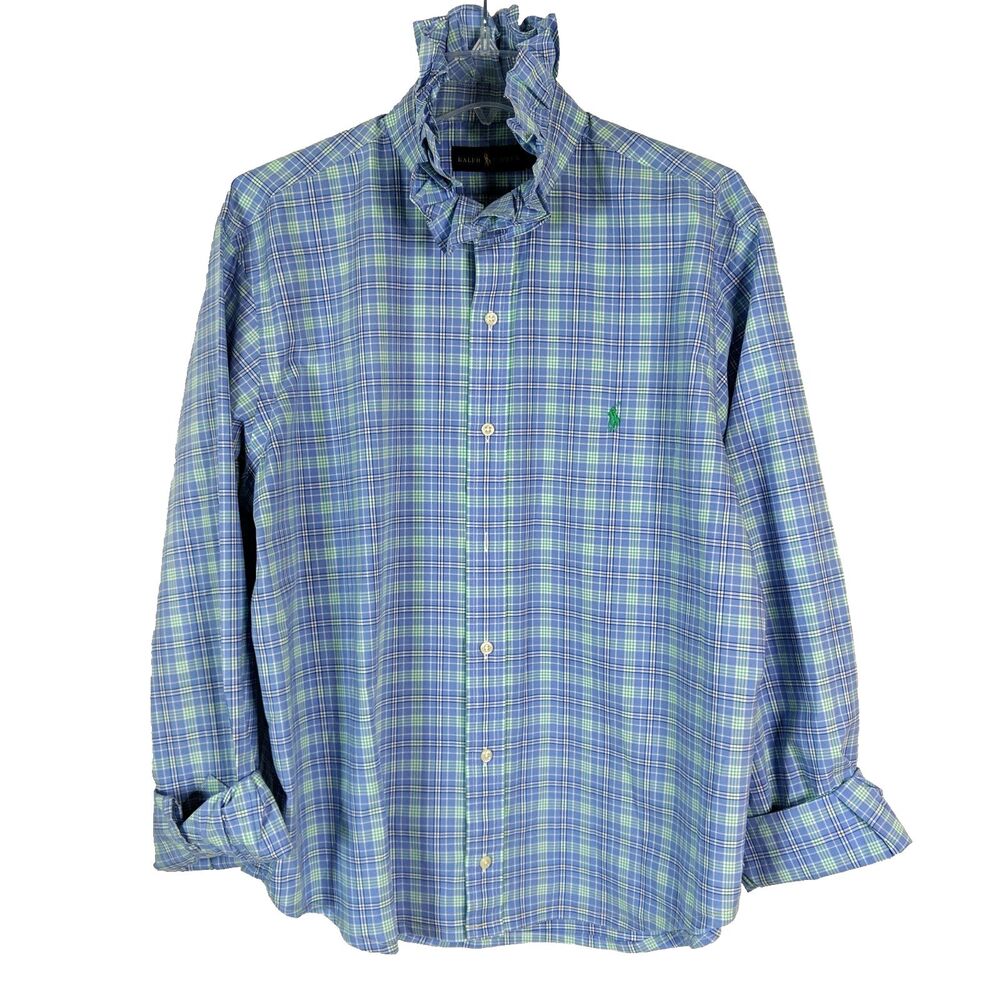 Viral Reworked Ralph Lauren Men Shirt Ruffle Collar Women Blouse Size XL Upcycle